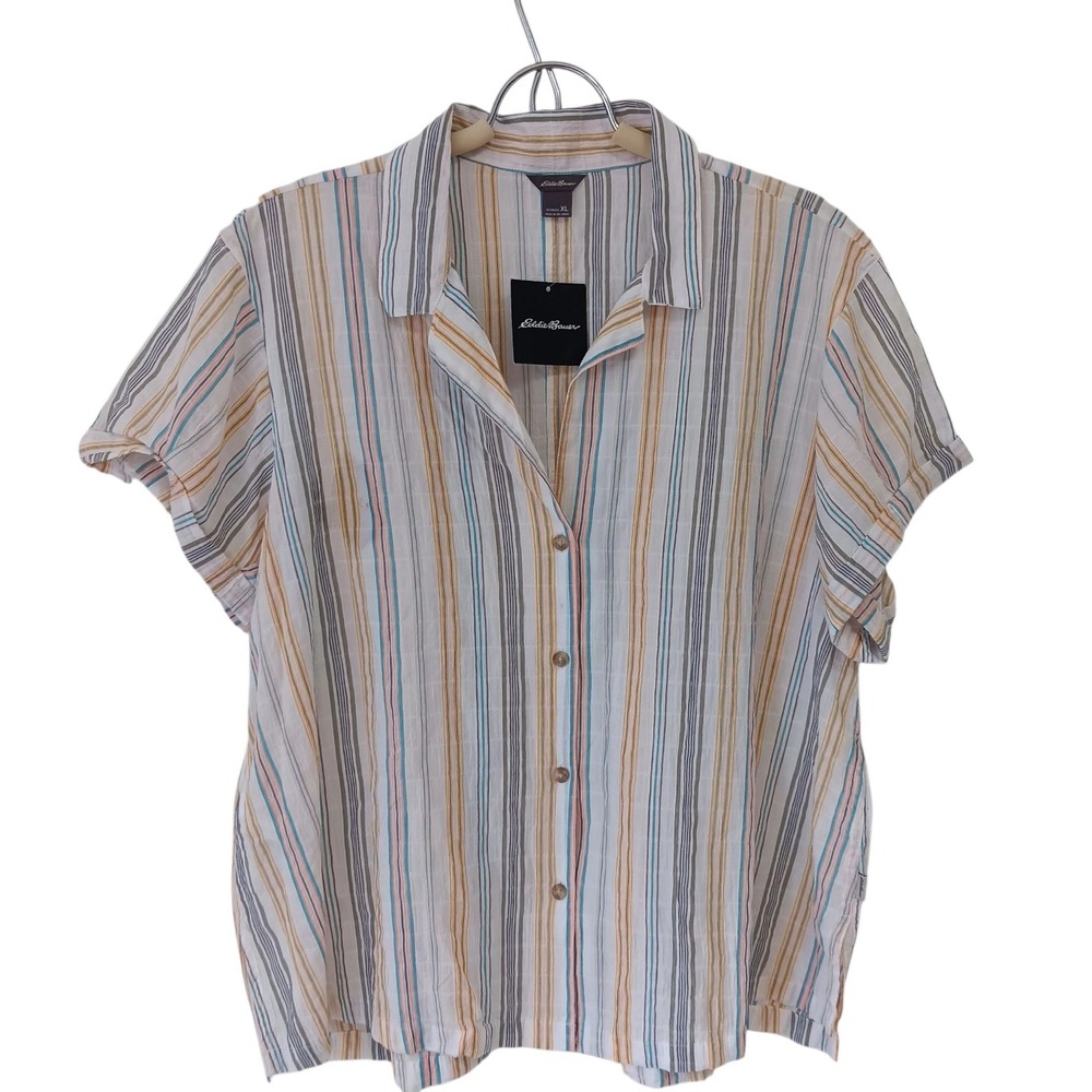 Eddie Bauer Women's Top S | Pink Striped Dolman Sleeve Button Up Soft